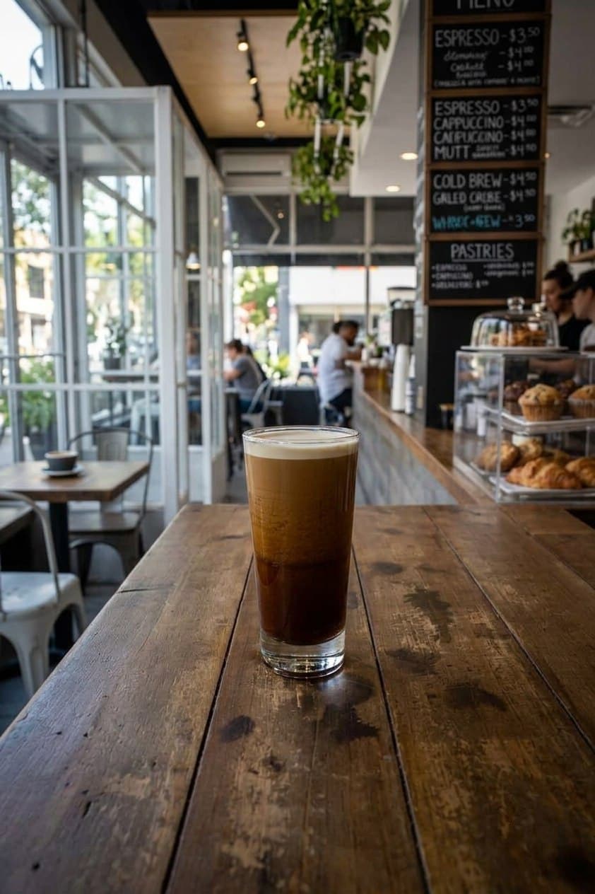 Iced flat white with milk foam in a tall glass on a wooden café table