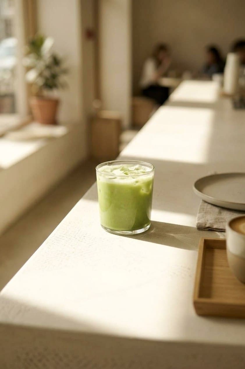 Iced matcha latte in a glass tumbler on a sunlit counter