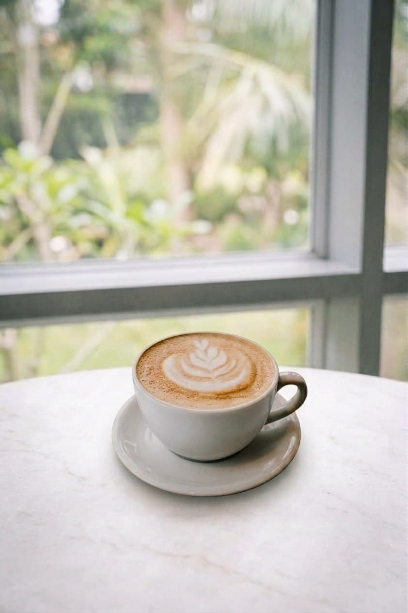 Latte with rosetta latte art on a saucer by the window